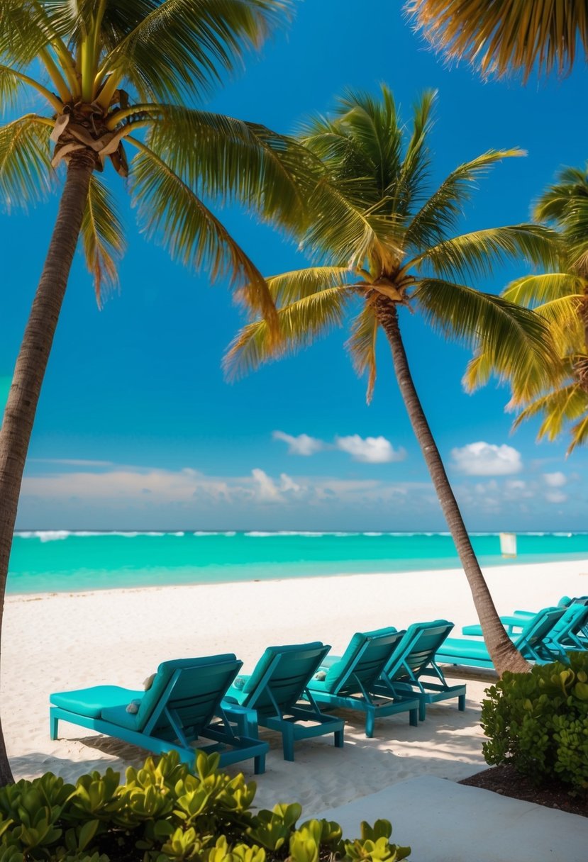 A luxurious beachfront resort in Key West, with palm trees, white sand, and crystal-clear turquoise waters