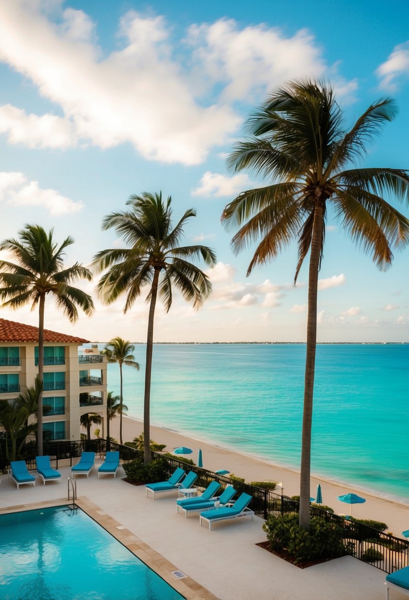 A luxurious beachfront resort with palm trees, a sparkling pool, and elegant buildings overlooking the turquoise waters of Key West