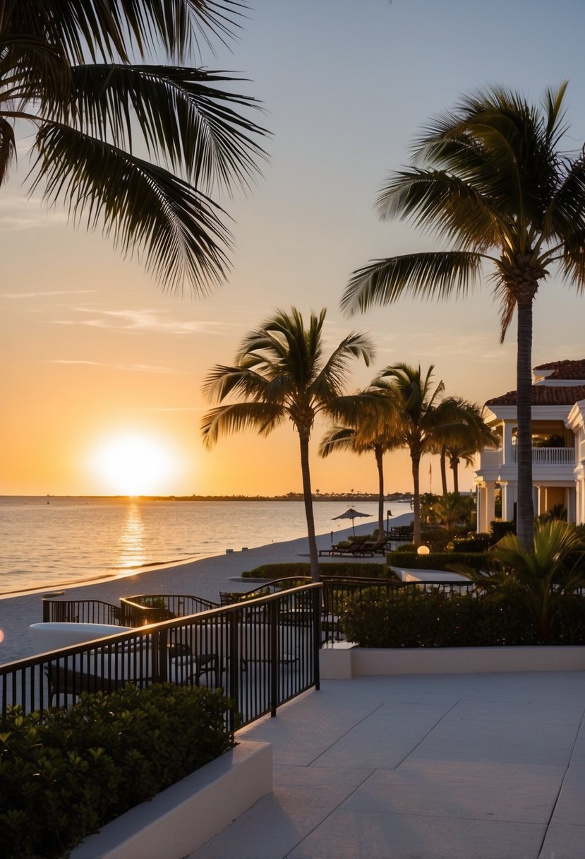 The sun sets over the luxurious Casa Marina Key West resort, casting a warm glow on the palm-lined beach and elegant architecture