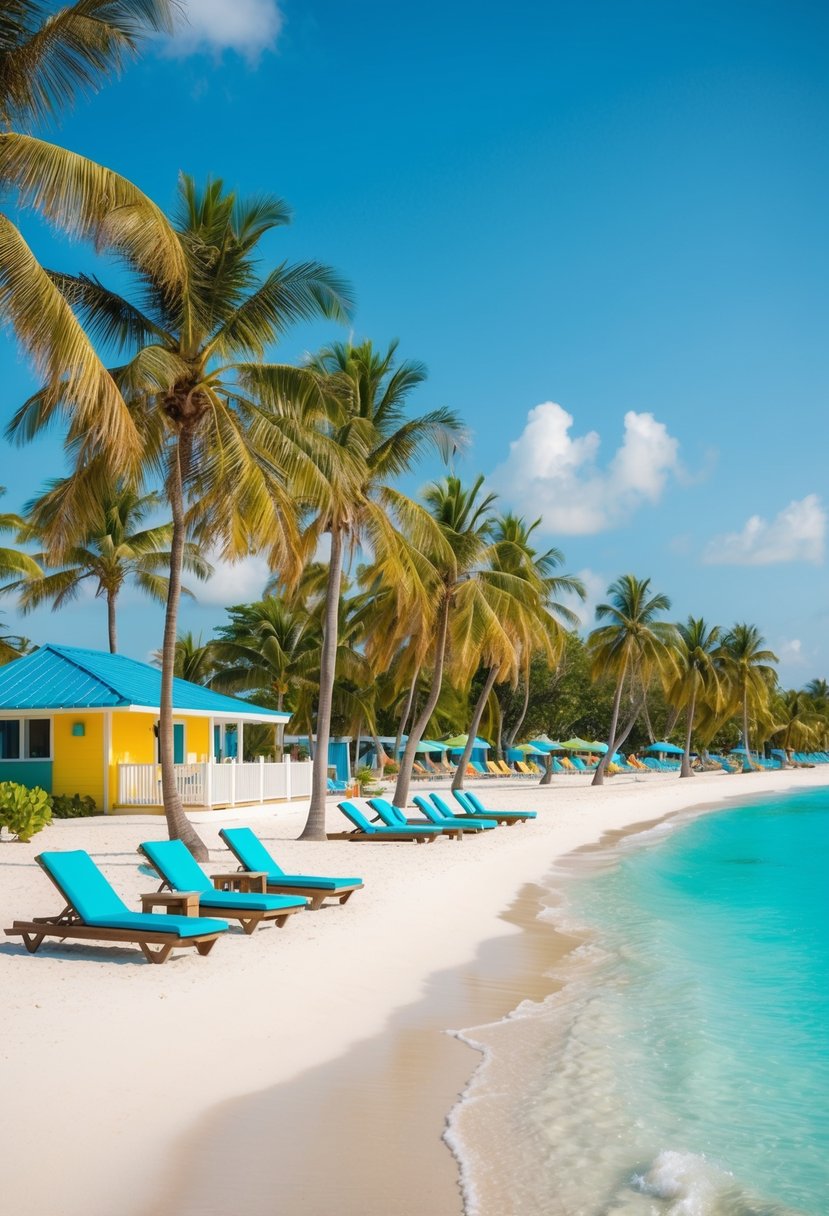 A sunny beachfront resort with palm trees, white sand, and turquoise waters. A colorful beach house and lounge chairs dot the shore