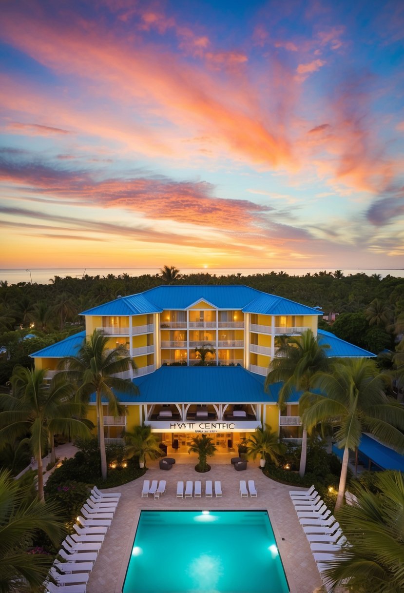 The Hyatt Centric Key West Resort & Spa sits nestled between lush palm trees and a pristine beach, with a stunning sunset painting the sky in vibrant hues