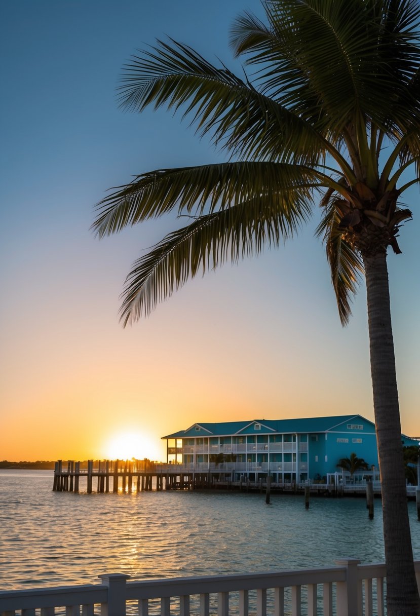 The sun sets behind the Pier House Resort & Spa in Key West, casting a warm glow over the palm trees and the tranquil waterfront