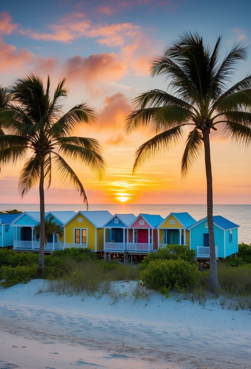 The Sunset Key Cottages sit nestled among palm trees on a pristine beach, with colorful cottages and a stunning sunset over the ocean