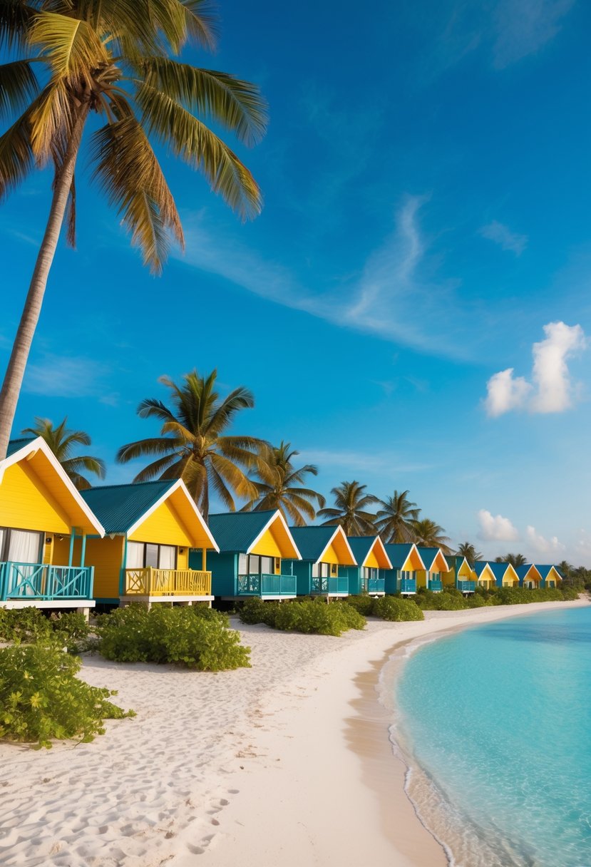 A row of colorful bungalows nestled among palm trees on a sandy beach with crystal clear waters and a bright blue sky overhead