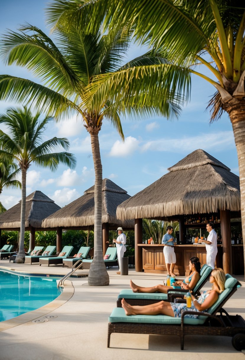 Lush poolside setting with palm trees, cabanas, and a tiki bar. Guests relax in lounge chairs while staff provide poolside drink service