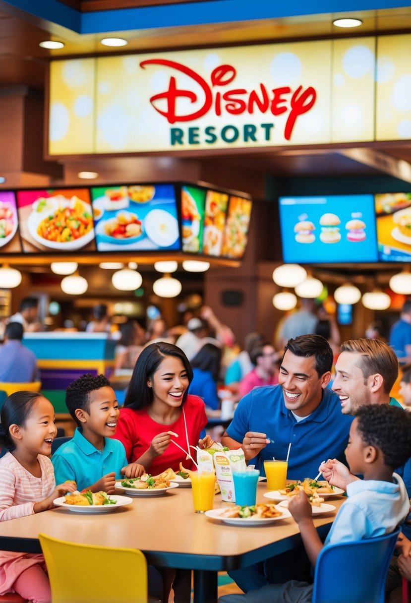 A bustling Disney resort quick service area with colorful food displays and joyful families enjoying their meals