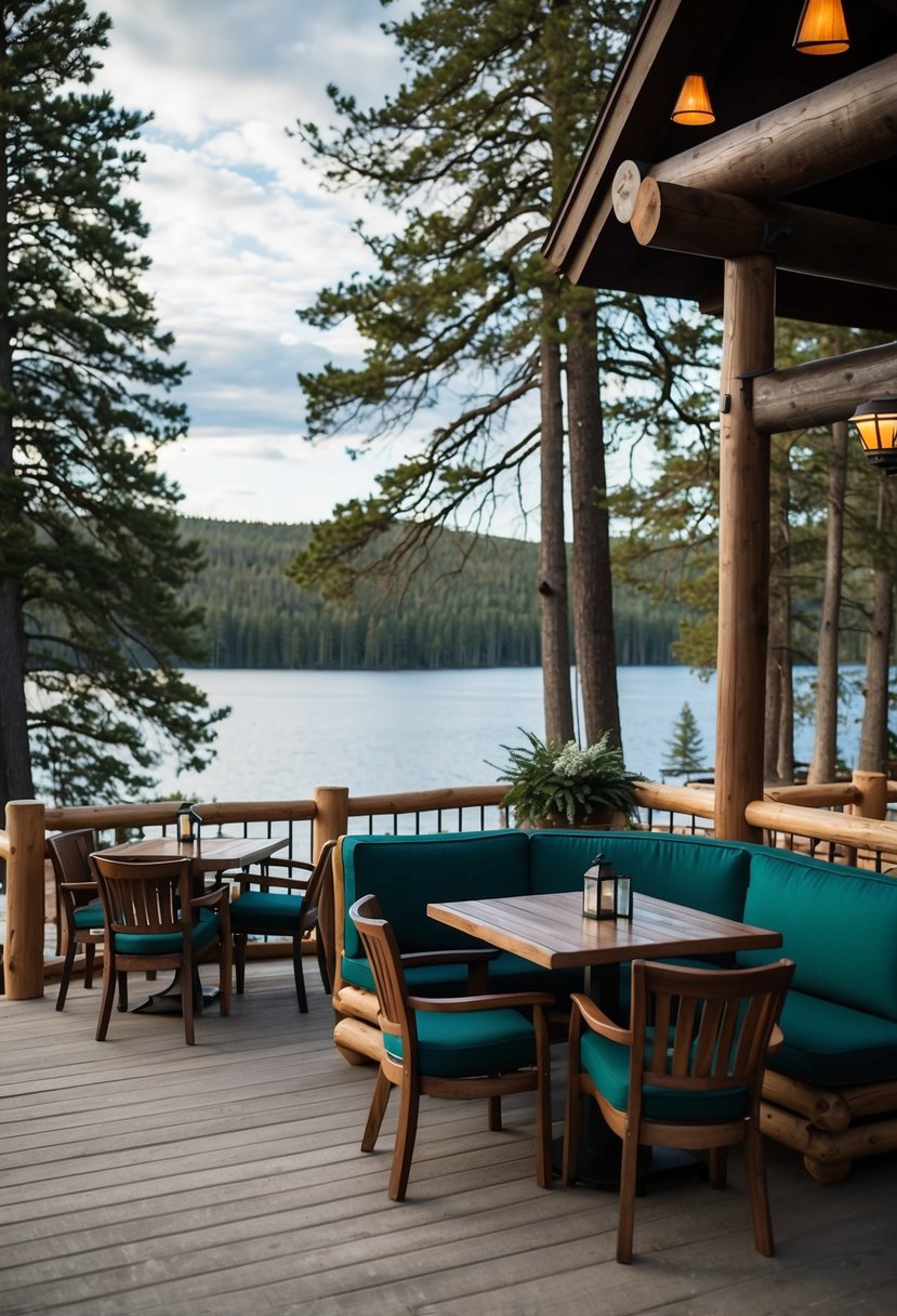 The Geyser Point Bar & Grill at Wilderness Lodge features a cozy outdoor seating area with a stunning view of the lake and surrounding forest