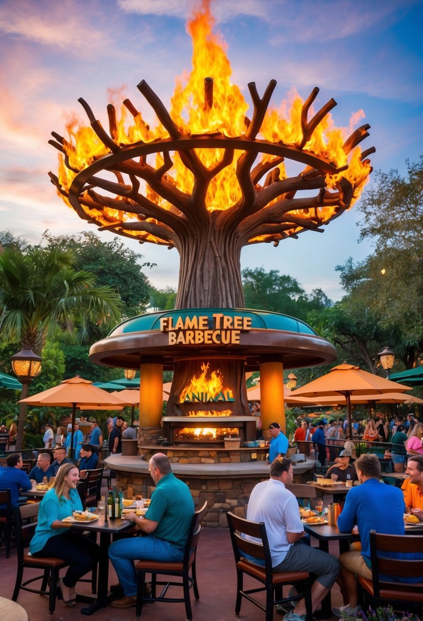 The Flame Tree Barbecue at Animal Kingdom is a vibrant and bustling quick service spot, with guests enjoying delicious food and the lush surroundings of the Disney resort