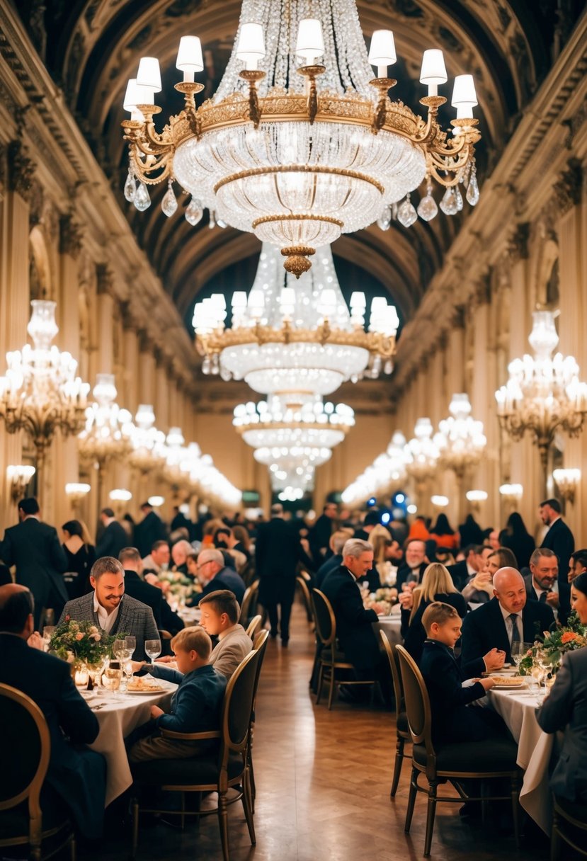 A bustling, grand dining hall with ornate chandeliers and elegant table settings, filled with families enjoying a magical meal