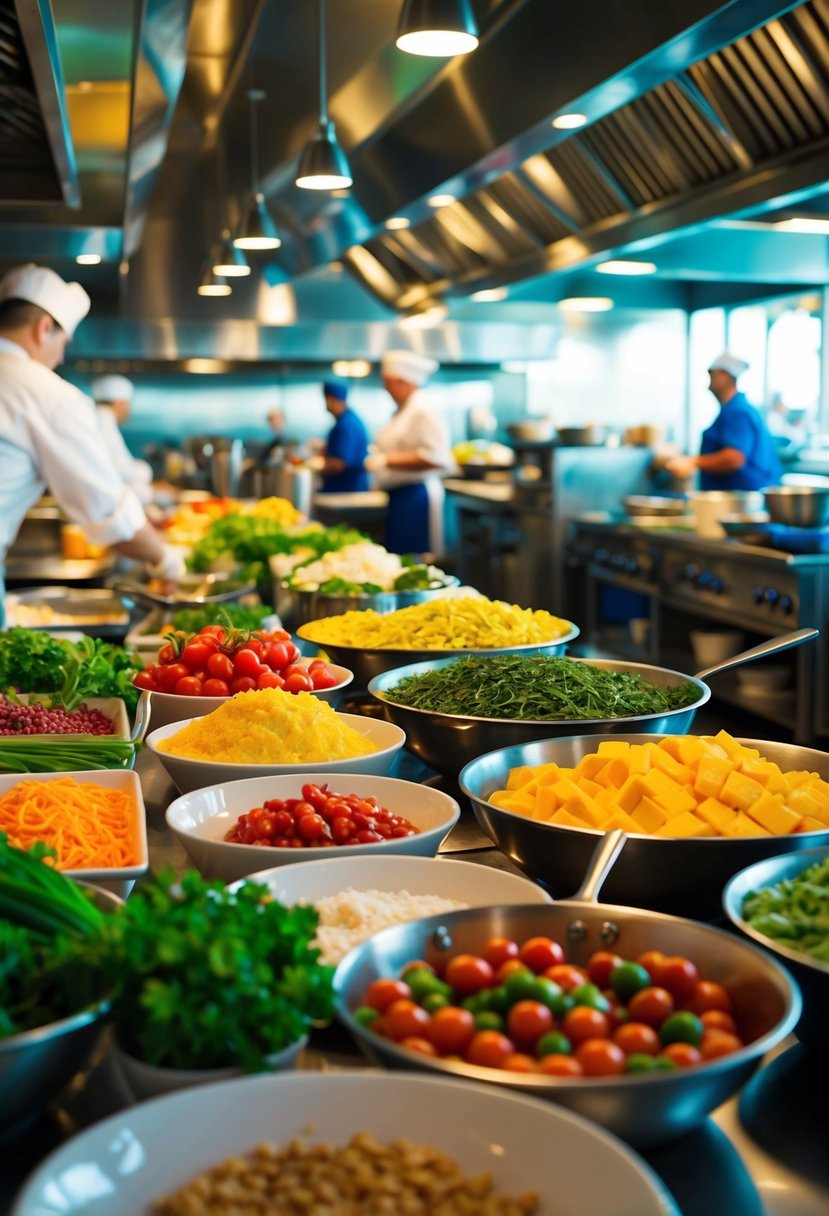 A bustling kitchen filled with colorful, fresh ingredients being prepared with care at a Disney resort quick service restaurant