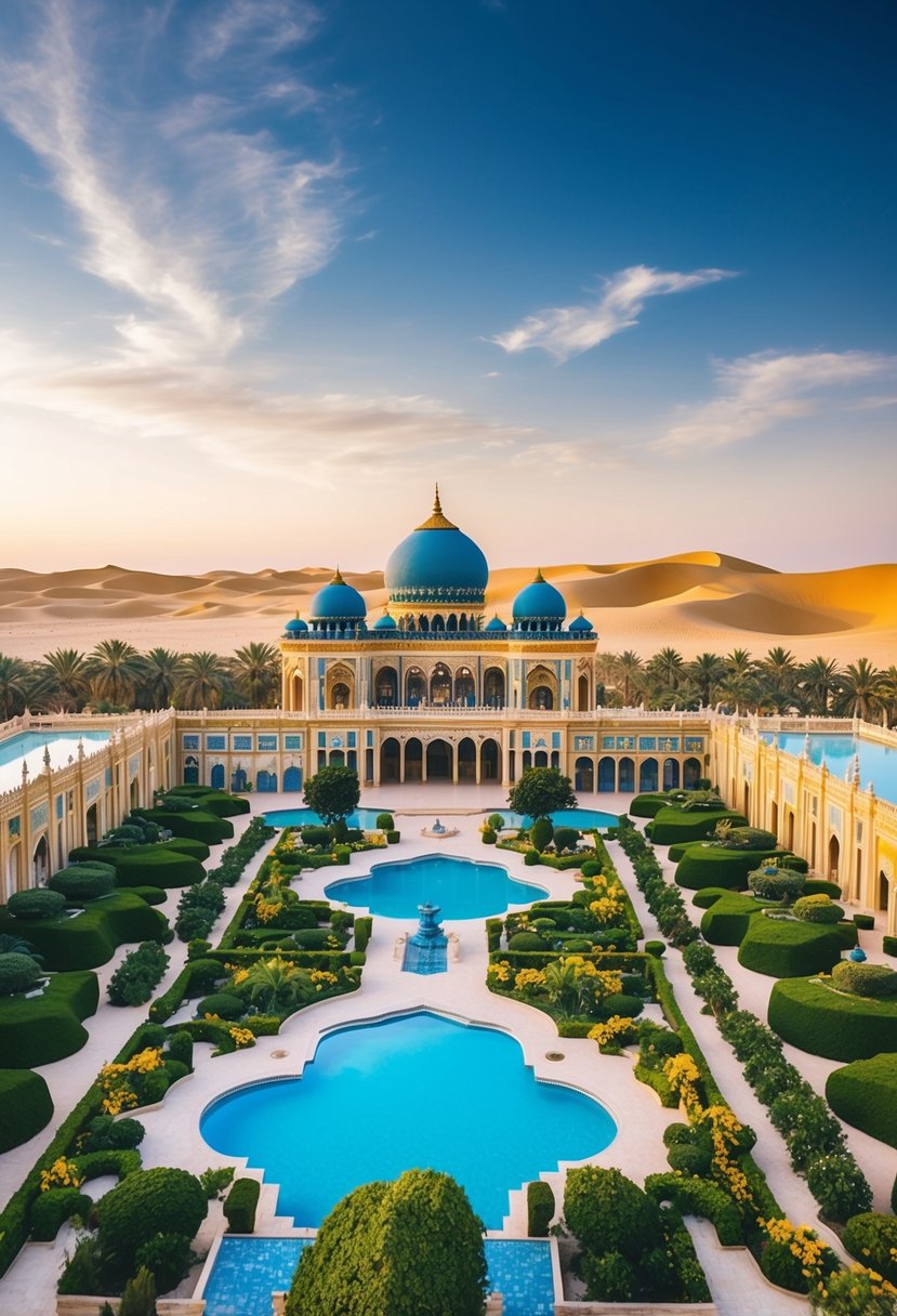 A grand palace nestled in the golden desert, surrounded by lush gardens and sparkling pools, with intricate architecture and vibrant colors