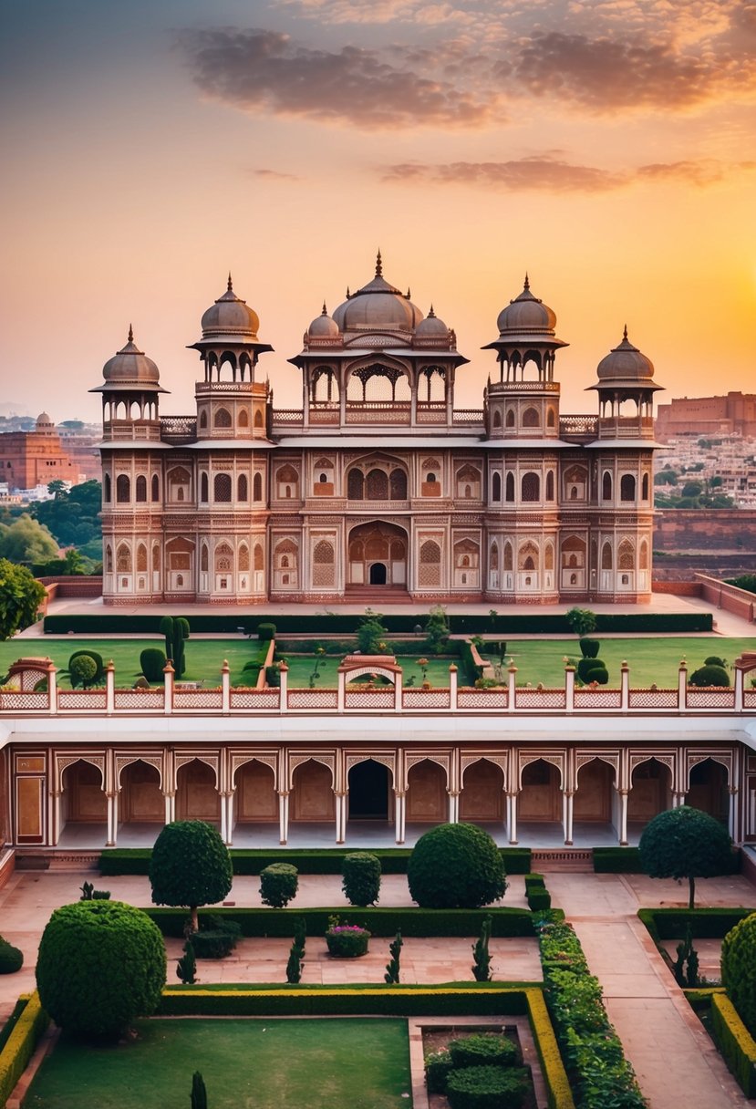 The grand Umaid Bhawan Palace stands amidst lush gardens, with intricate architecture and towering domes, set against the backdrop of the vibrant city of Jodhpur