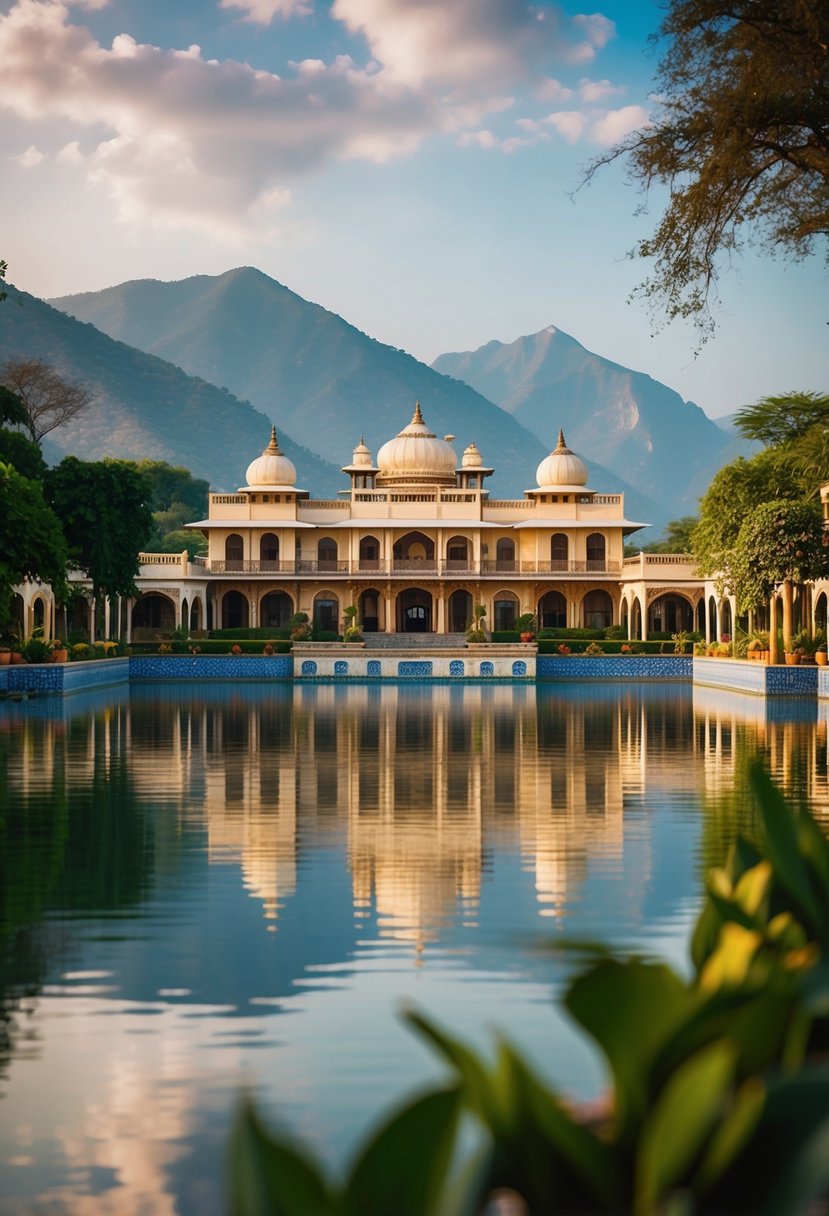 A luxurious resort nestled on the banks of Lake Pichola, surrounded by lush gardens and grand architecture, with a backdrop of the Aravalli Mountains