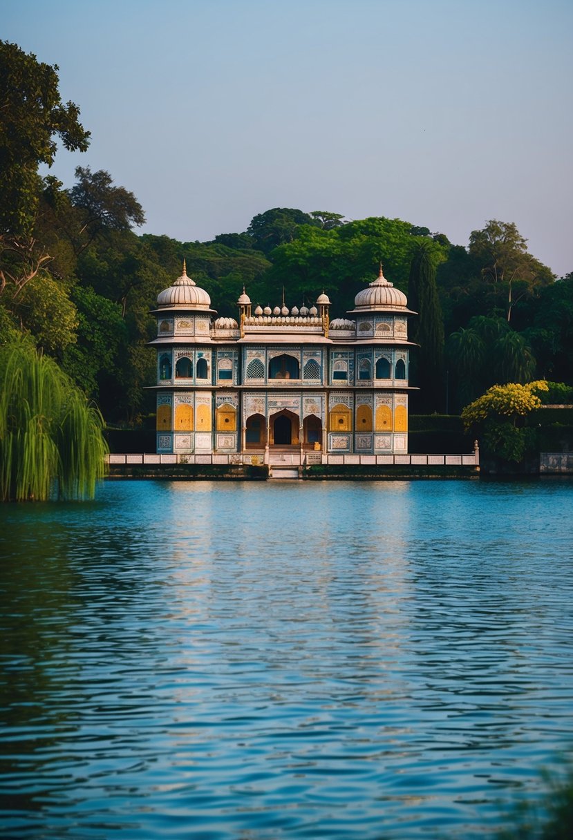 The Taj Lake Palace in Udaipur, Rajasthan, surrounded by calm blue waters and lush greenery, with intricate architecture and ornate details