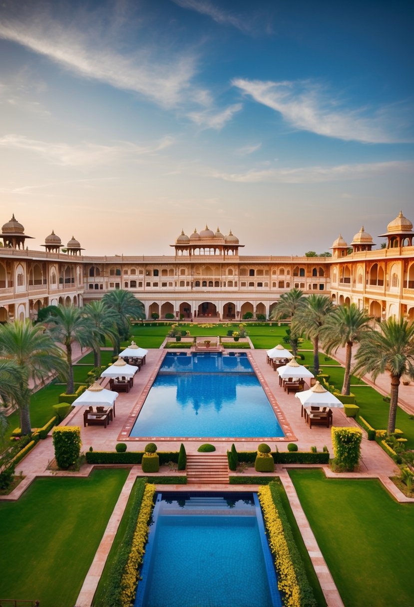 A grand, sprawling resort in Rajasthan, with ornate architecture, lush gardens, and a shimmering pool surrounded by palm trees