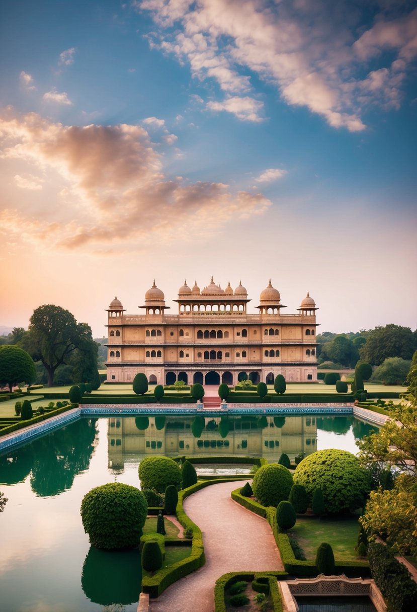 A grand, opulent palace nestled amidst lush gardens and shimmering lakes in the heart of Rajasthan
