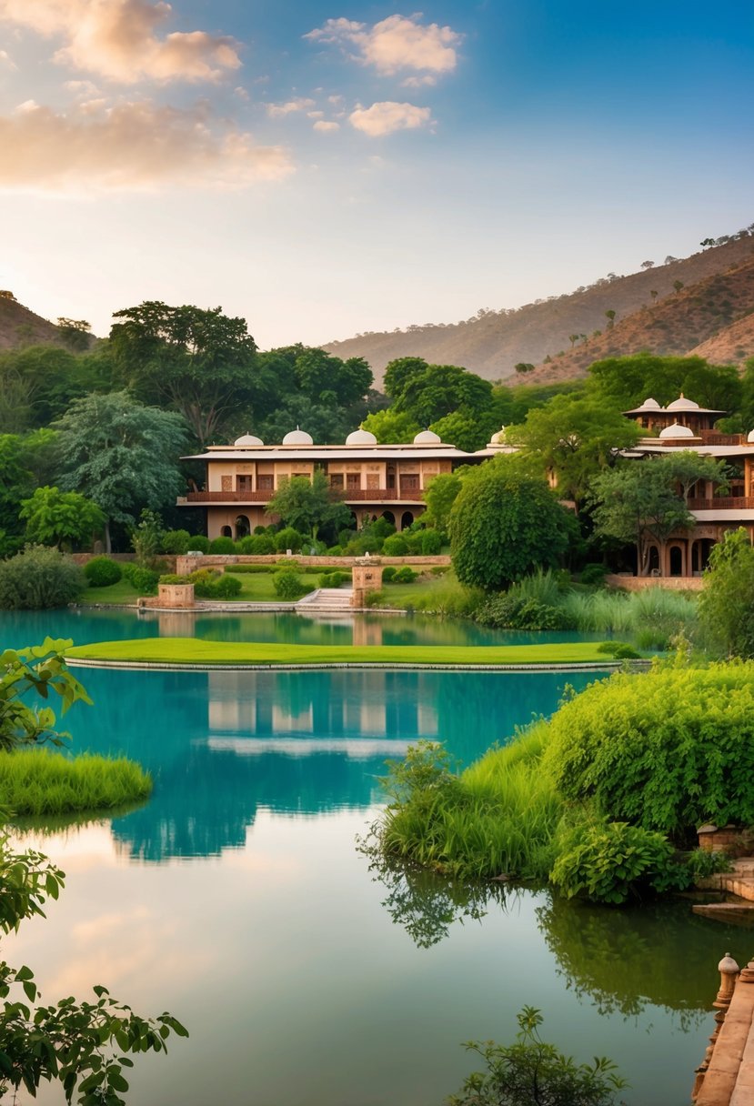 A tranquil oasis in the heart of Rajasthan, with lush greenery, a serene lake, and luxurious accommodations nestled within the natural landscape