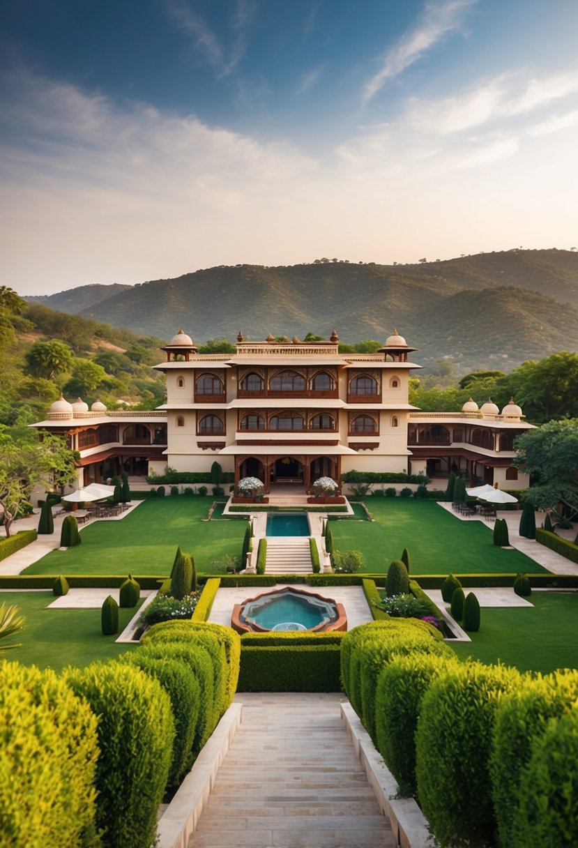 Lush gardens surround a luxurious resort with traditional Rajasthani architecture, nestled in the Aravalli hills