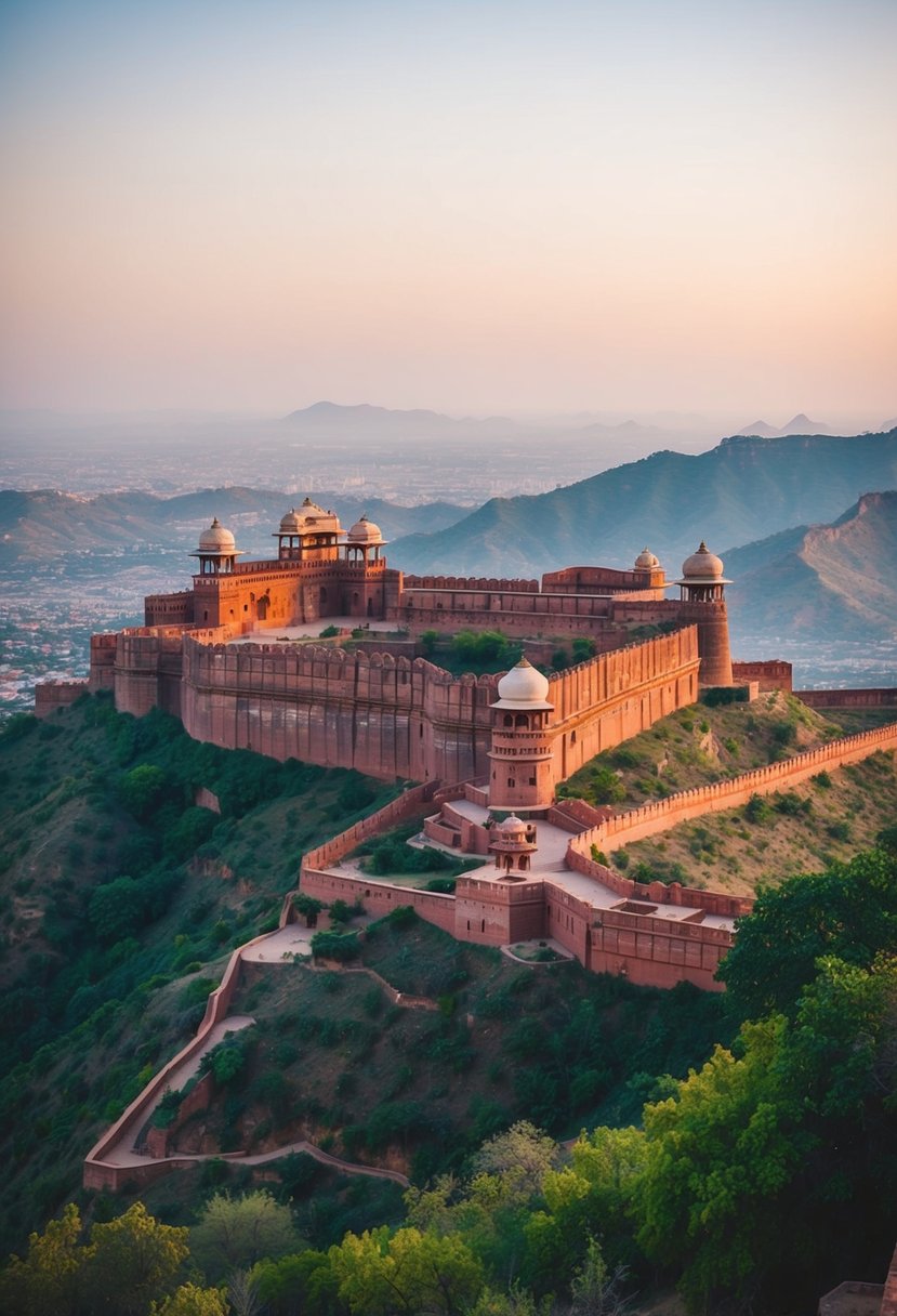 A majestic fort nestled in the rugged hills of Jaipur, surrounded by lush greenery and overlooking the vast expanse of Rajasthan