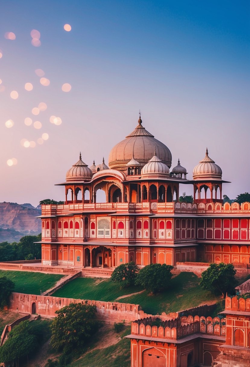 A regal palace with grand domes and intricate arches nestled in the vibrant landscapes of Rajasthan