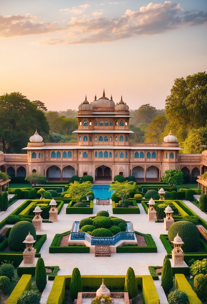 A majestic palace resort in Rajasthan, surrounded by vibrant gardens and adorned with intricate architectural details