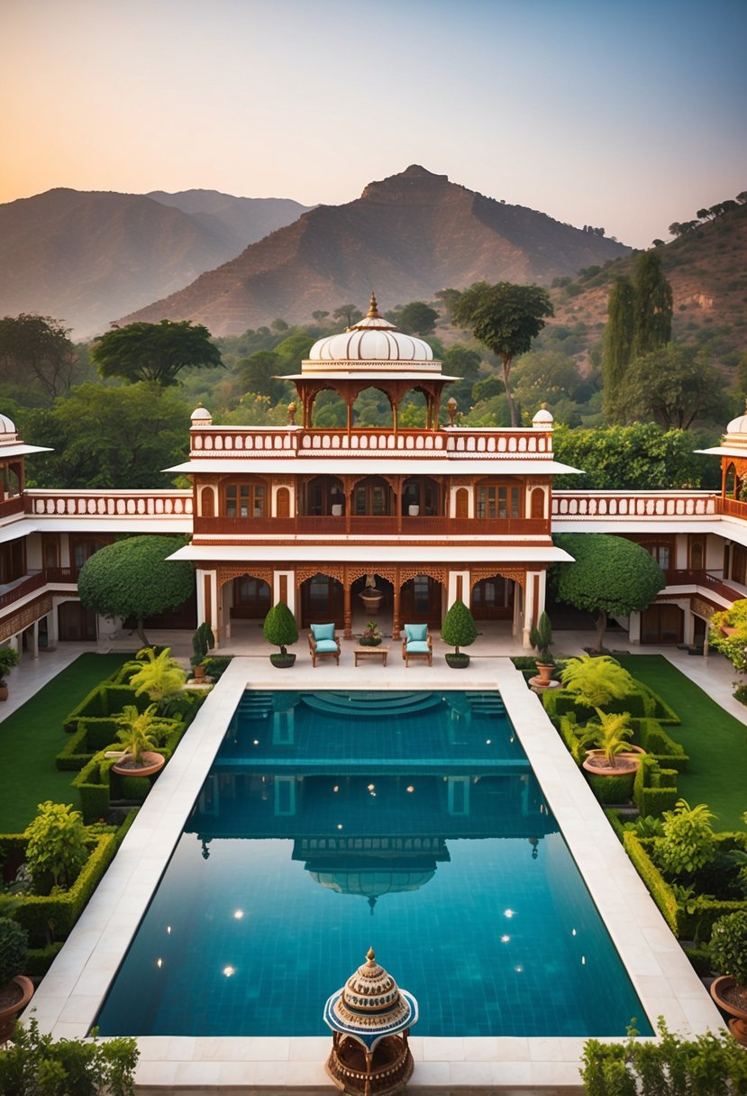 A luxurious pool surrounded by lush gardens and traditional Rajasthani architecture, with a backdrop of the Aravalli hills