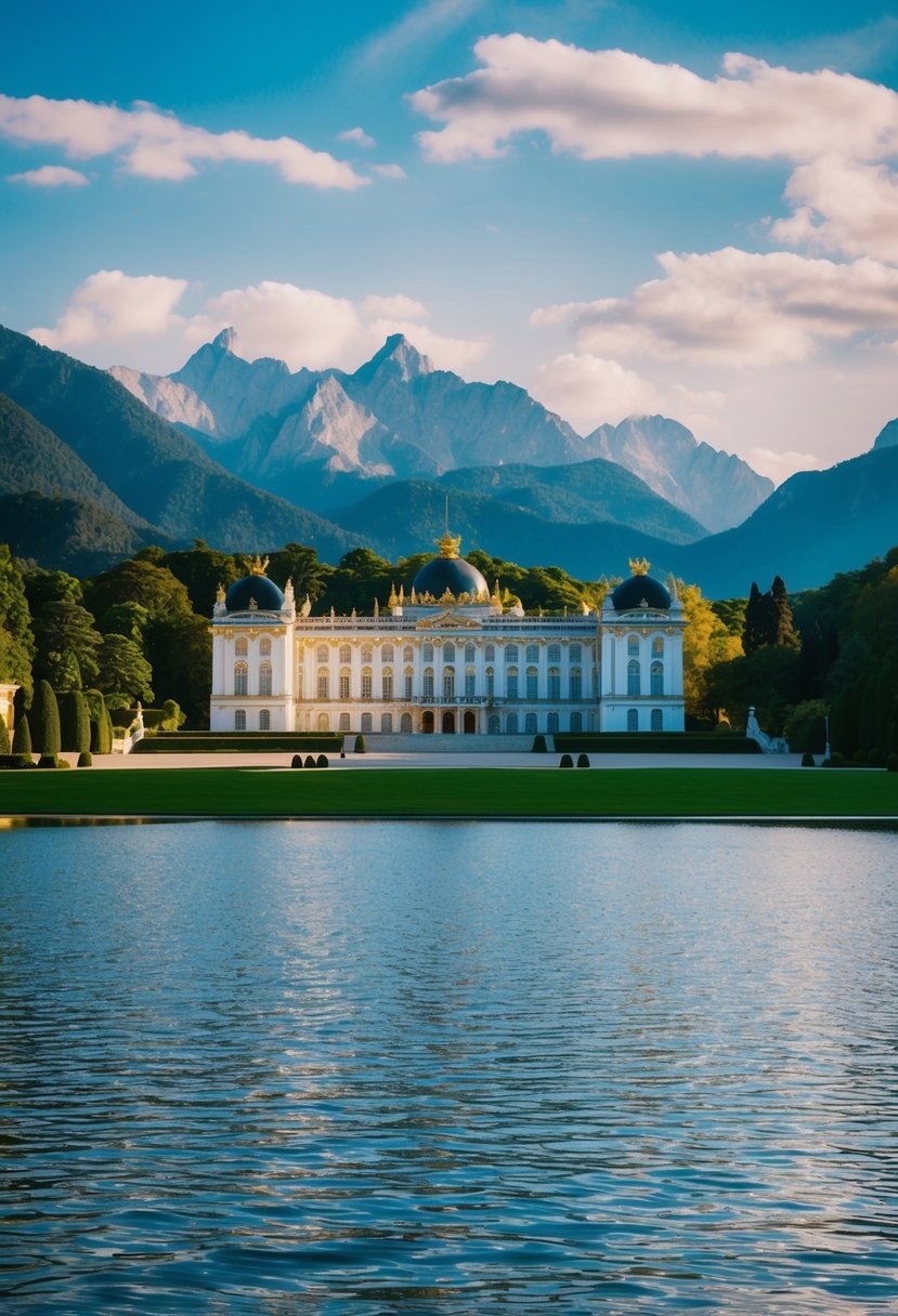 A grand palace overlooking a shimmering lake, surrounded by lush gardens and majestic mountains