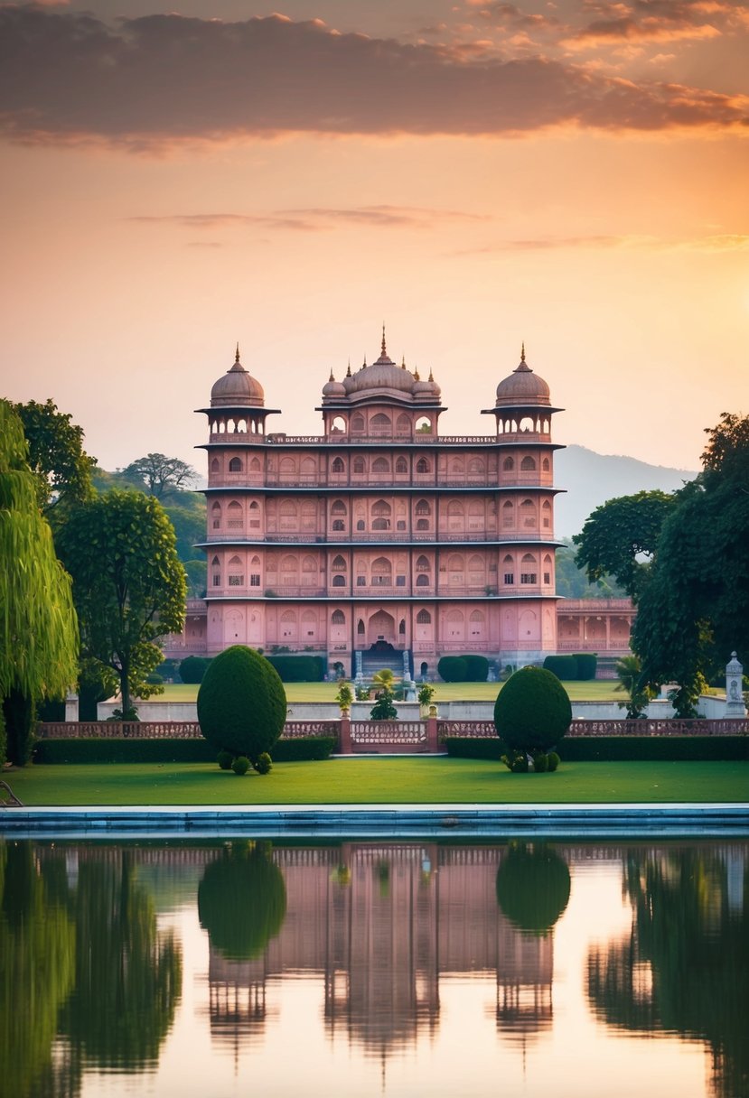 A grand palace nestled in the heart of Udaipur, surrounded by lush gardens and overlooking a serene lake