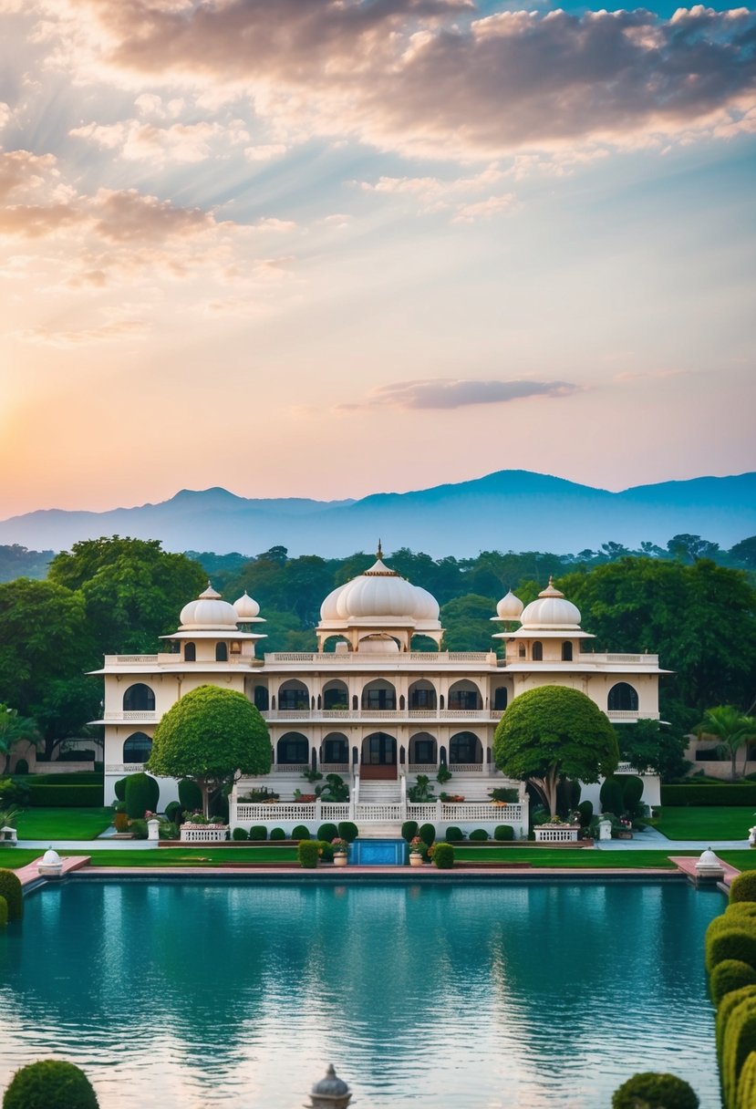 A tranquil lakeside resort with lush gardens, grand architecture, and a stunning view of the Udaipur skyline