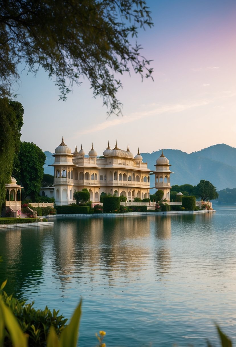 The grand Lalit Laxmi Villas Palace overlooking Udaipur's serene lake, surrounded by lush gardens and majestic architecture