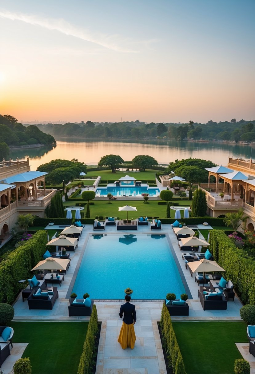 A luxurious resort in Udaipur surrounded by lush gardens and a sparkling pool, with a spa, fine dining, and attentive staff