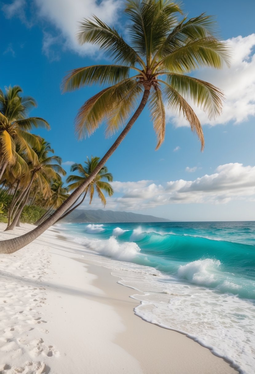 Palm trees sway on white sandy shore, turquoise waves crash against the best beaches in Hawaii