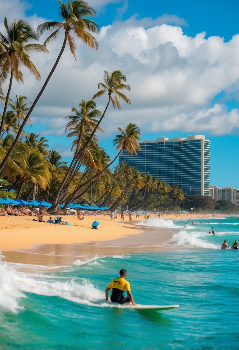 Golden sand, palm trees, and turquoise water at Waikiki Beach, Hawaii. Surfers catching waves and tourists lounging on the shore