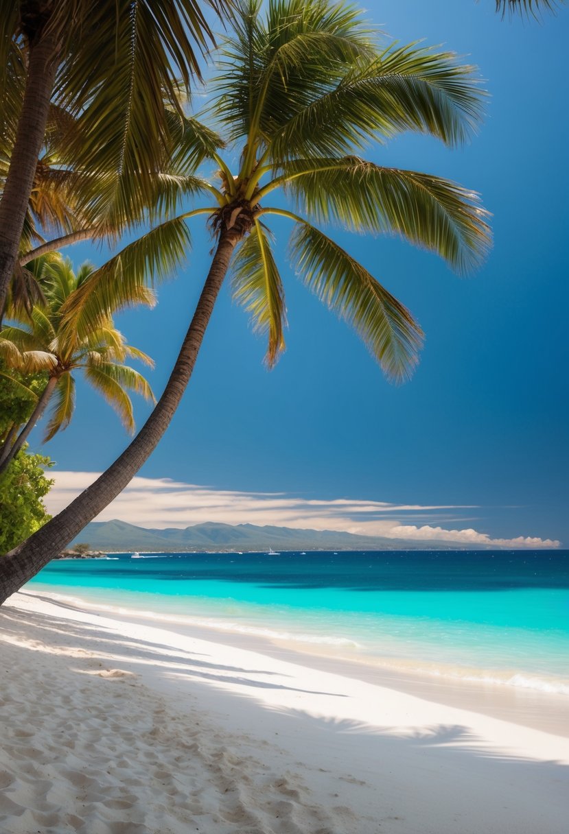 Turquoise water gently laps against soft, white sand. Palm trees sway in the warm breeze, framing the serene, idyllic Lanikai Beach