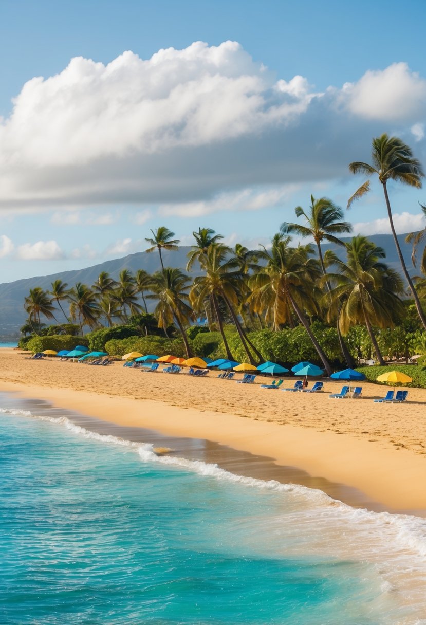 Golden sand, turquoise water, palm trees, and colorful umbrellas dotting the shore at Kaanapali Beach, one of Hawaii's best beaches