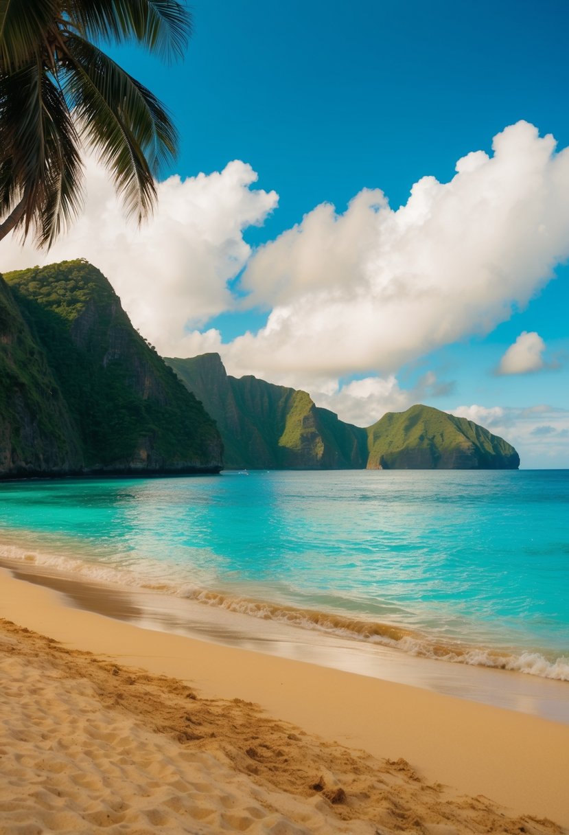 Turquoise waters lap against golden sand at Hanauma Bay, surrounded by lush green cliffs and palm trees