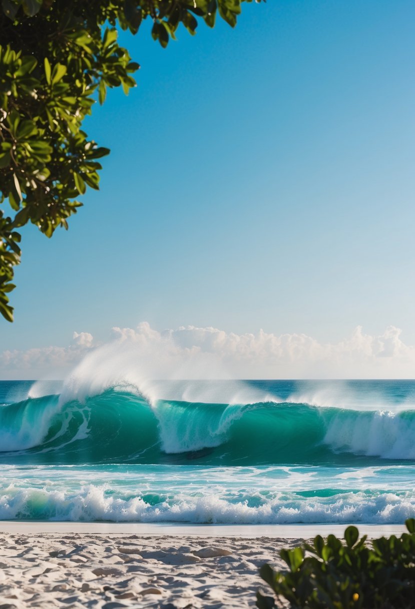 Turquoise waves crash on white sand, framed by lush greenery and a clear blue sky