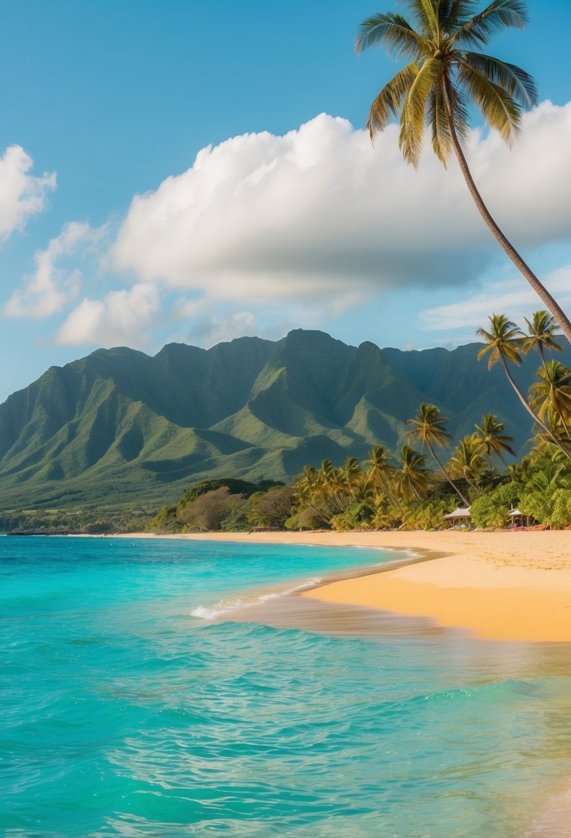 Turquoise water meets golden sand at Ke'e Beach, with lush green mountains in the background and palm trees swaying in the gentle breeze