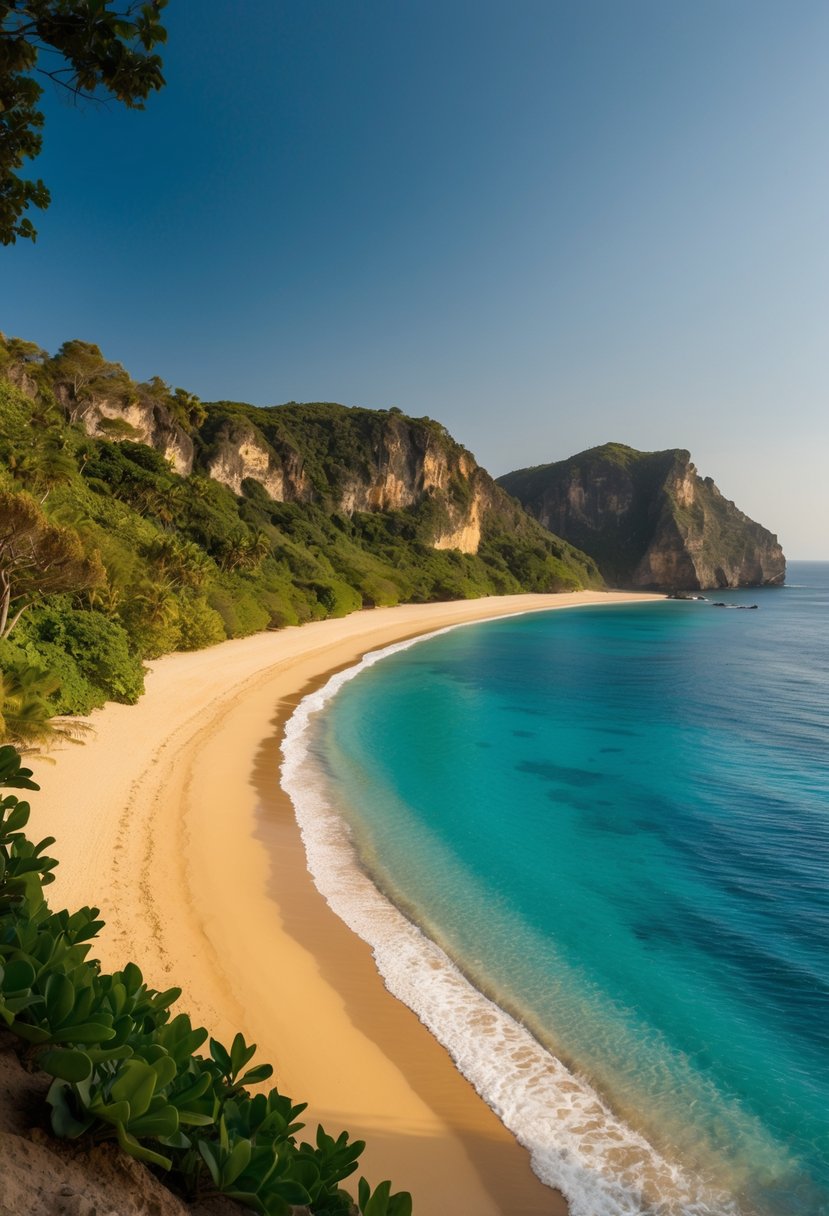 Golden sand stretches along the coastline, meeting the crystal-clear waters of Polihale Beach. Lush greenery frames the scene, with towering cliffs in the distance