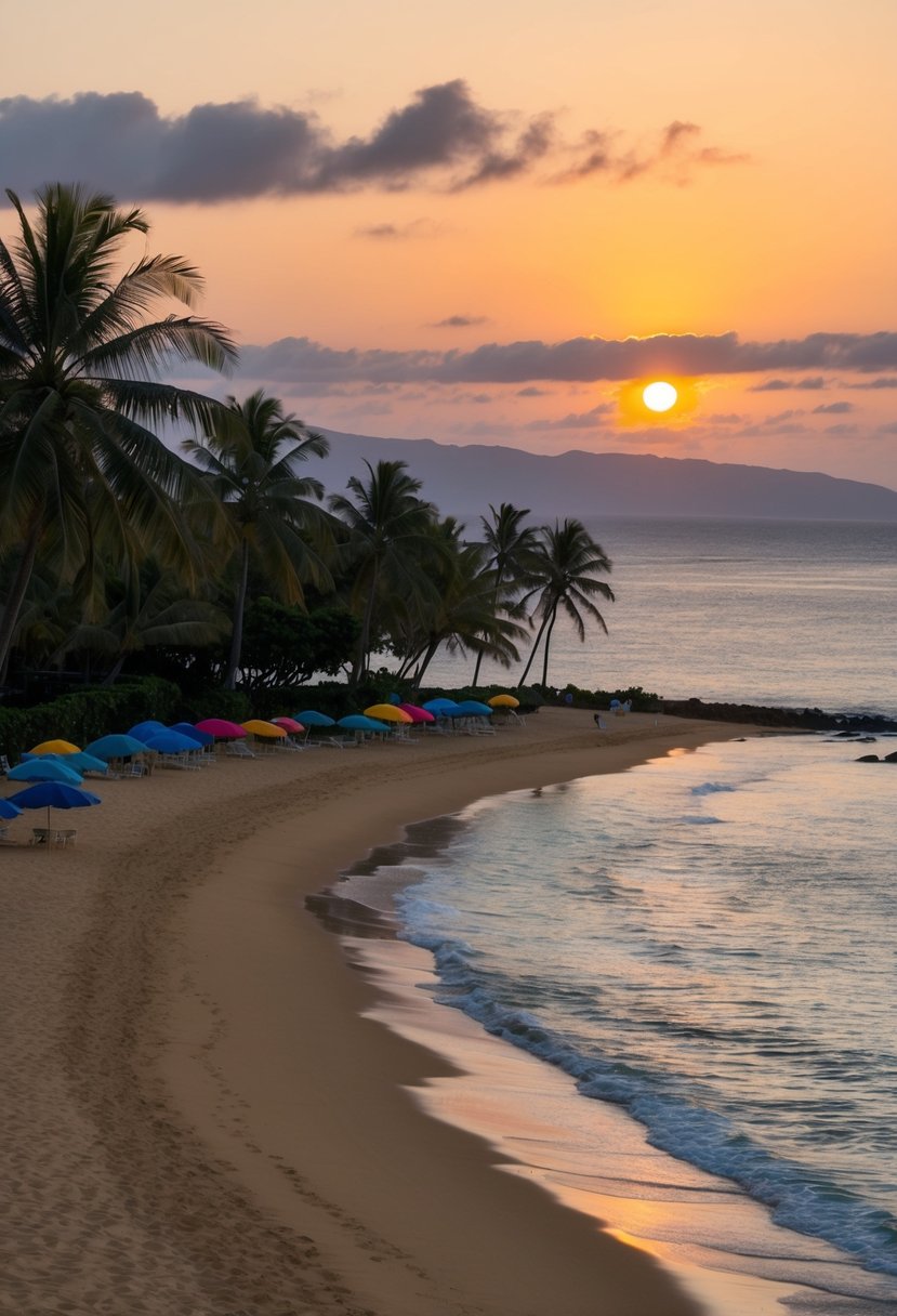 The sun sets over Ka'anapali Beach, casting a warm glow on the golden sand and crystal-clear waters. Palm trees sway gently in the breeze, while colorful umbrellas dot the shoreline