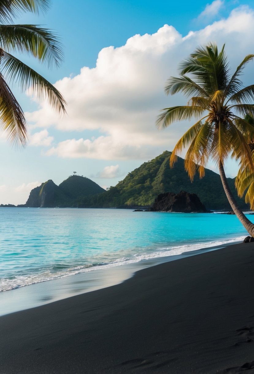 A serene black sand beach with palm trees, turquoise water, and volcanic rock formations