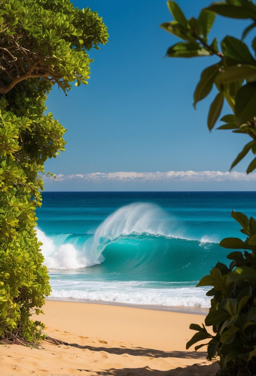 Turquoise waves crash onto golden sand at Hapuna Beach, framed by lush greenery and a clear blue sky