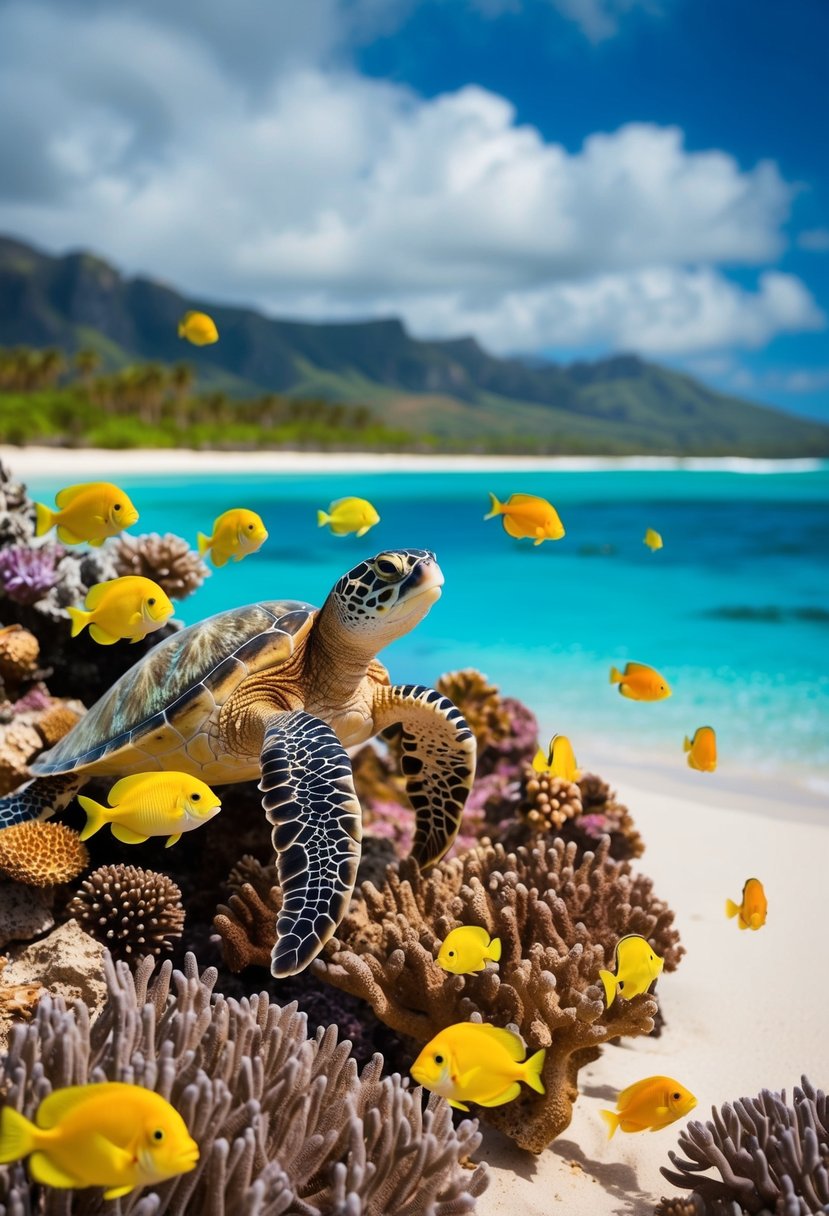 A vibrant coral reef teeming with colorful fish and sea turtles, set against the backdrop of a pristine, sandy beach on the coast of Hawaii