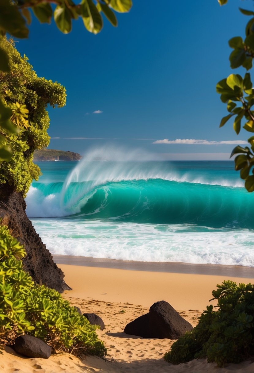 Turquoise waves crash against golden sand, framed by lush greenery and volcanic rock formations, under a clear blue sky