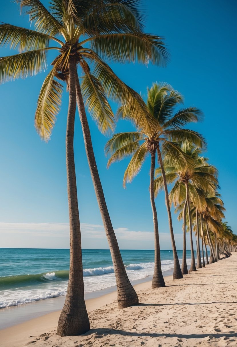 Palm trees lining a sandy shore with gentle waves and a clear blue sky