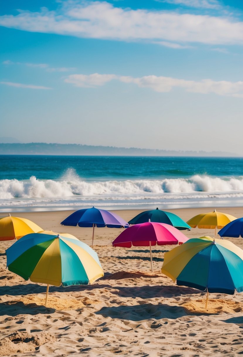 Colorful umbrellas dot the sandy shoreline, as waves crash against the golden beach at Venice Beach, one of the best beaches in Los Angeles