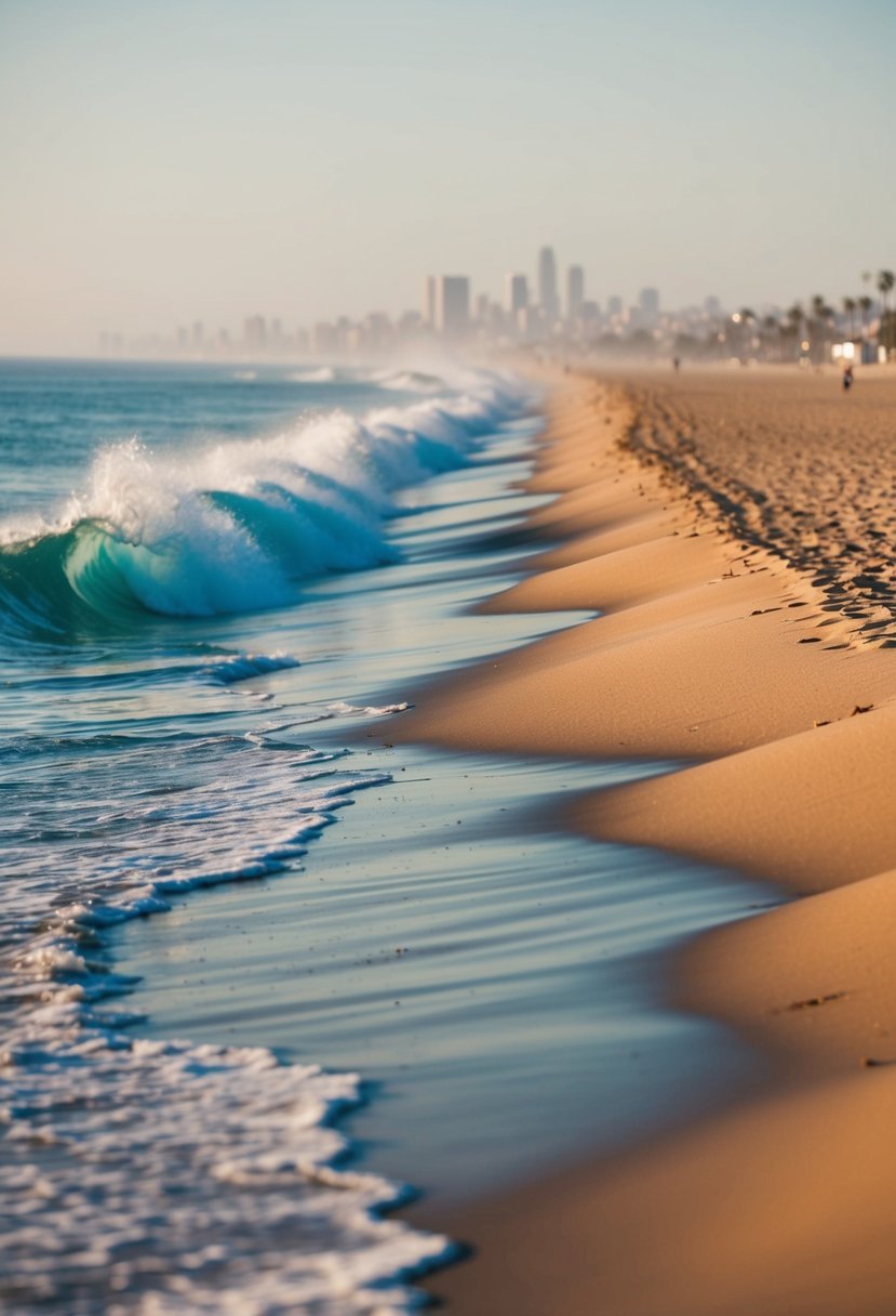 Golden sand stretches along the shore, meeting the sparkling blue waves of Manhattan Beach, one of the best beaches in Los Angeles