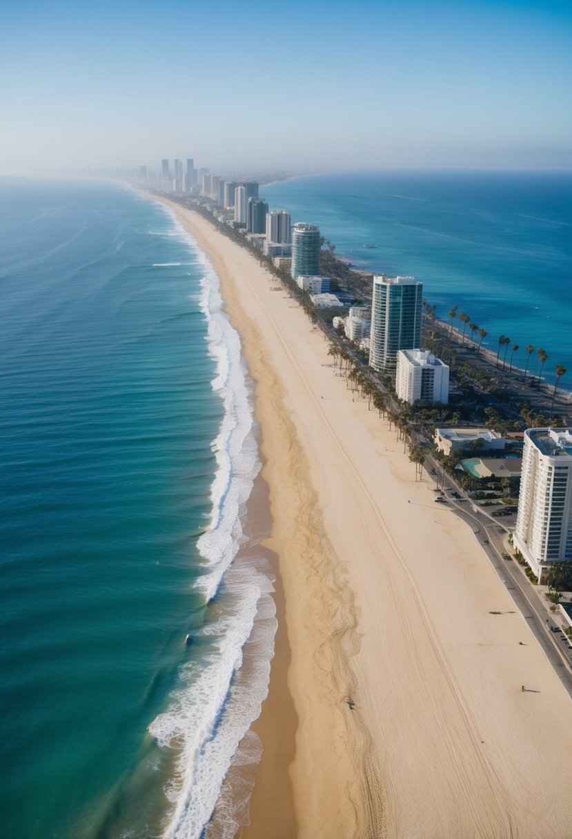 Aerial view of palm-lined beaches, golden sand, and turquoise waters along the coast of Los Angeles