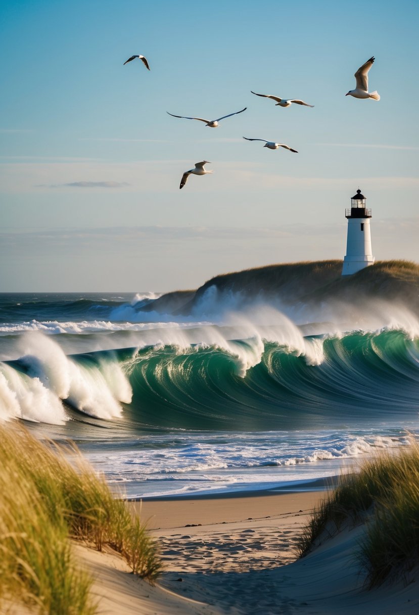 Rolling waves crash onto sandy shores, framed by towering dunes and grassy sea oats. A lighthouse stands sentinel in the distance, as seagulls soar overhead