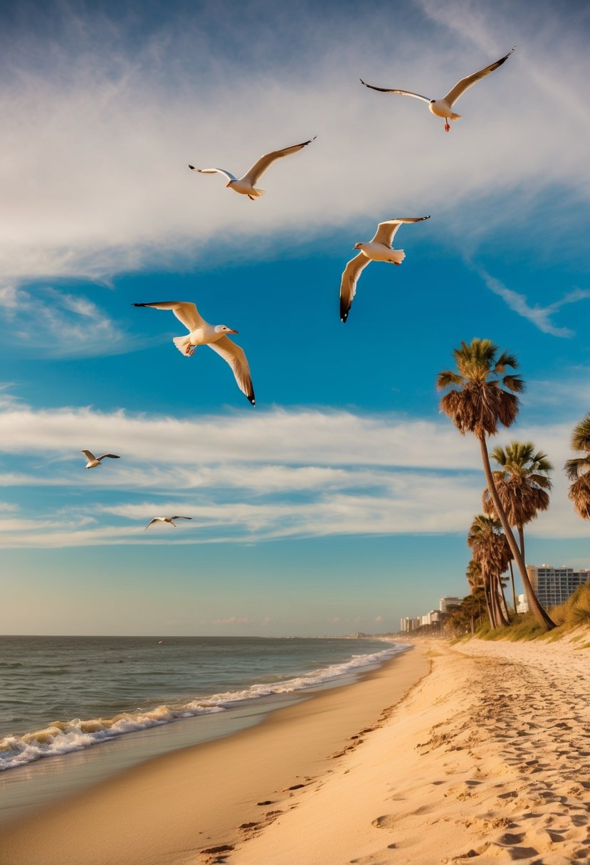 Golden sand stretches along the shore, meeting the crystal blue waters of Wrightsville Beach. Palm trees sway in the gentle breeze, while seagulls soar overhead